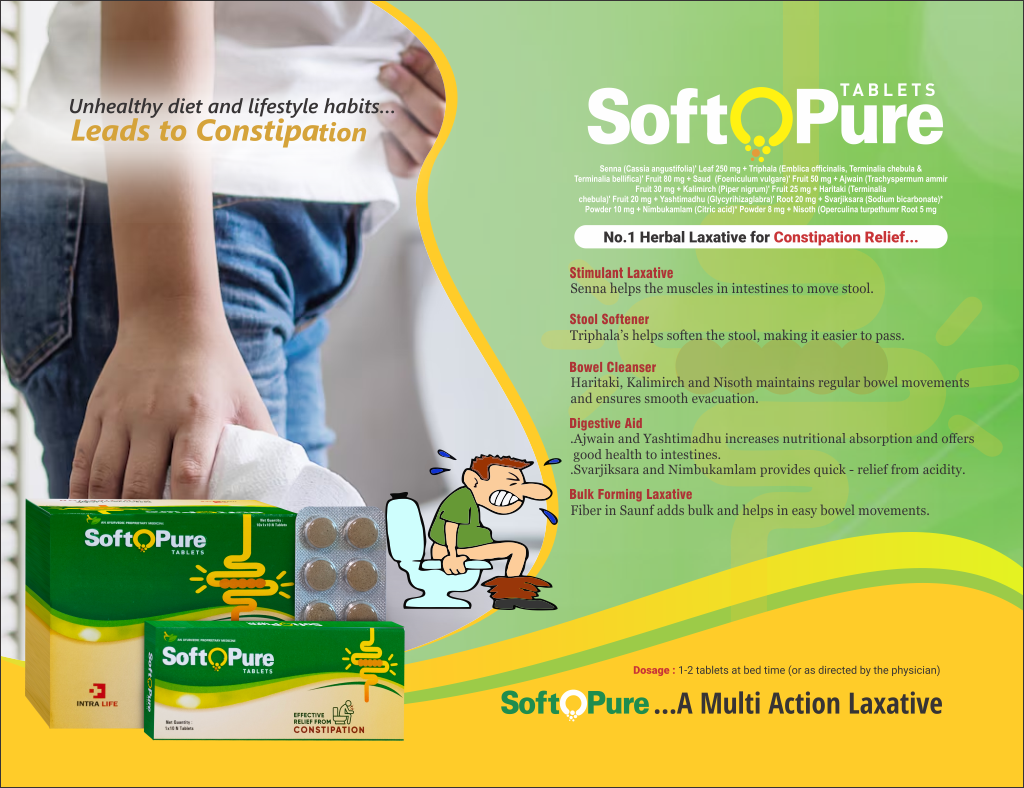 SOFTOPURE - Senna (Cassia angustifolia) Leaf 250 mg + Triphala (Emblica officinalis, Terminalia chebula & Terminalia bellifica) Fruit 80 mg + Saud (Foeniculum vulgare) Fruit 50 mg + Ajwain (Trachyspermum ammir Fruit 30 mg + Kalimirch (Piper nigrum) Fruit 25 mg + Haritaki (Terminalia chebula) Fruit 20 mg + Yashtimadhu (Glycyrihizaglabra) Root 20 mg + Svarjiksara (Sodium bicarbonate)* Powder 10 mg + Nimbukamlam (Citric acid)* Powder 8 mg + Nisoth (Operculina turpethumr Root 5 mg | Intralife Pharmaceuticals - thumbnail 2