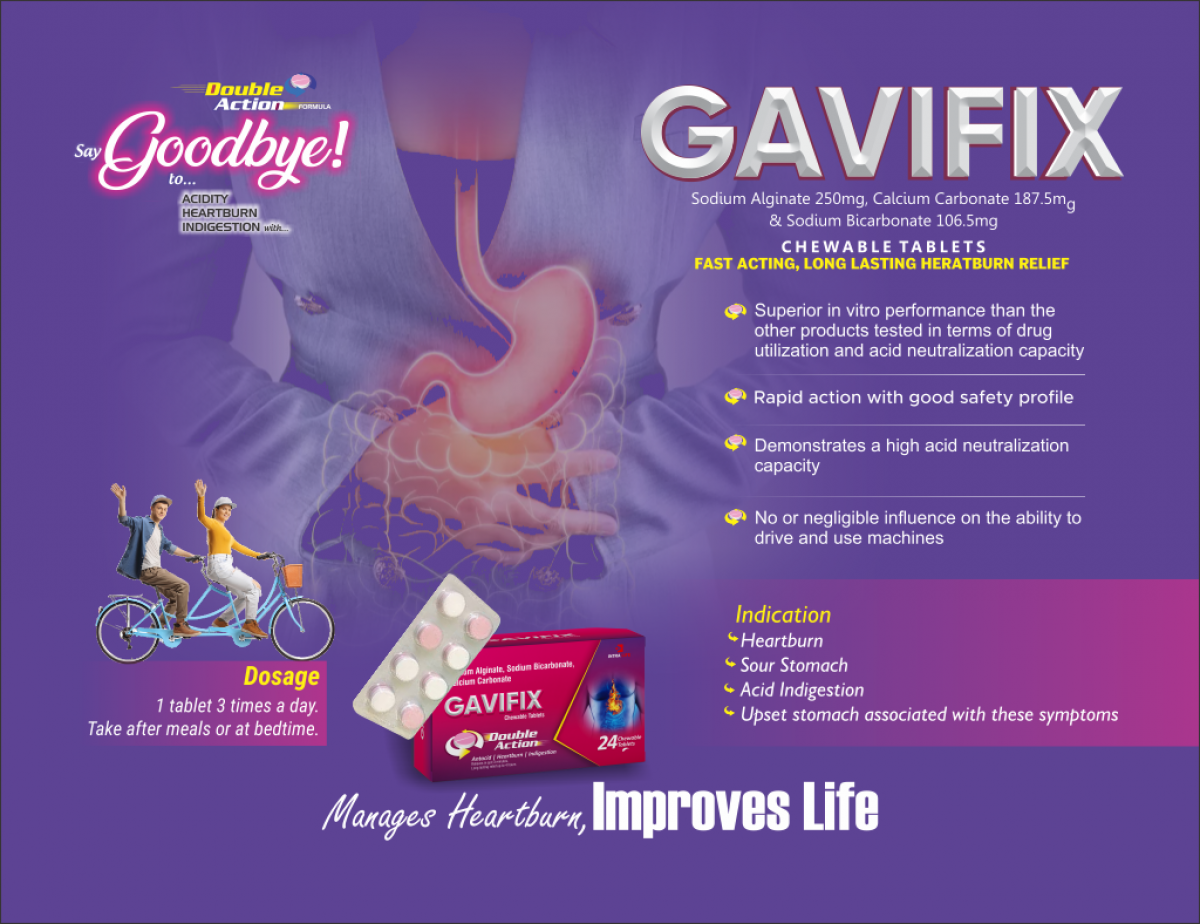 GAVIFIX Tab - Sodium Alginate 250mg, Calcium Carbonate 187.5mg & Sodium Bicarbonate 106.5mg | Intralife Pharmaceuticals - thumbnail 2