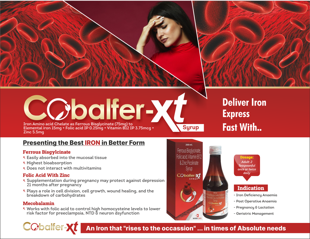 COBALFER-XT - Iron Amino acid Chelate as Ferrous Bisglycinate(75mg) to Elemental iron 15mg + Folic acid IP 0.25mg + Vitamin B12 IP 3.75mcg + Zinc 5.5mg | Intralife Pharmaceuticals - thumbnail 2