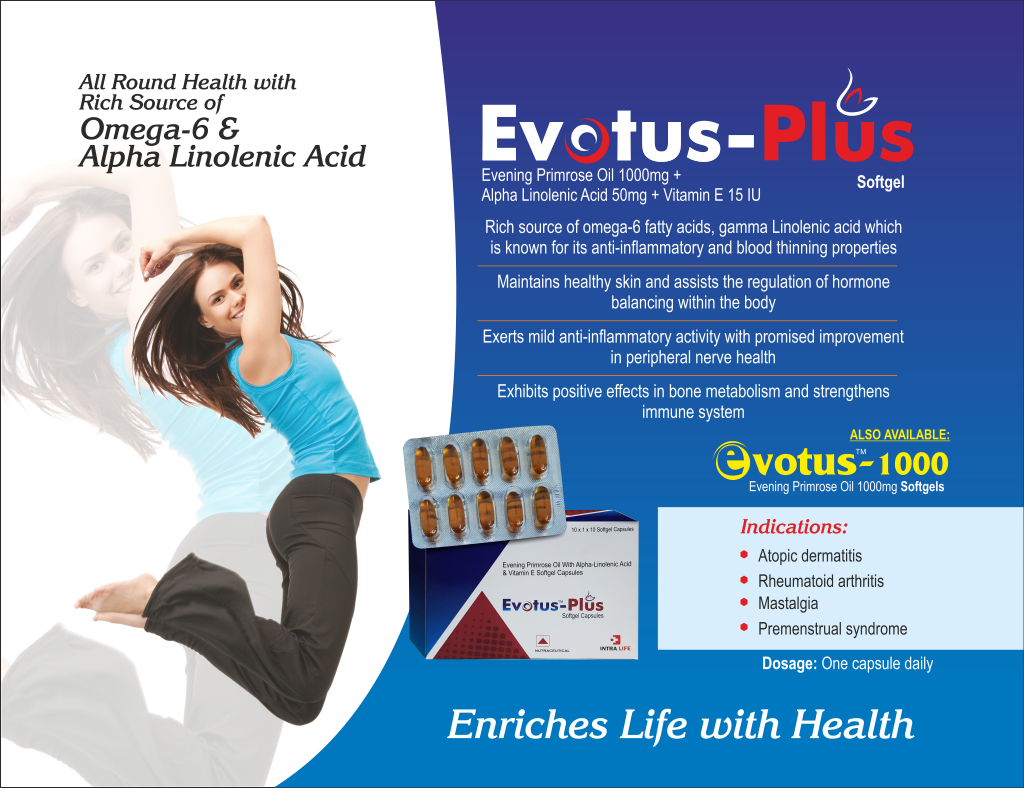 EVOTUS PLUS - Evening Primrose Oil 1000mg + Alpha Linolenic Acid 50mg + Vitamin E 15 IU | Intralife Pharmaceuticals - thumbnail 2
