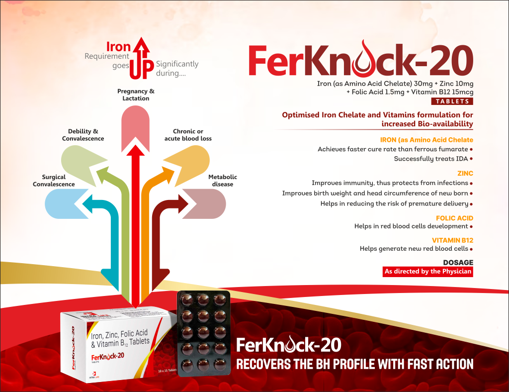 FERKNOCK-20 - Iron (Amino Acid Chelate) 15mg + Folic Acid 500 mcg | Intralife Pharmaceuticals - thumbnail 2