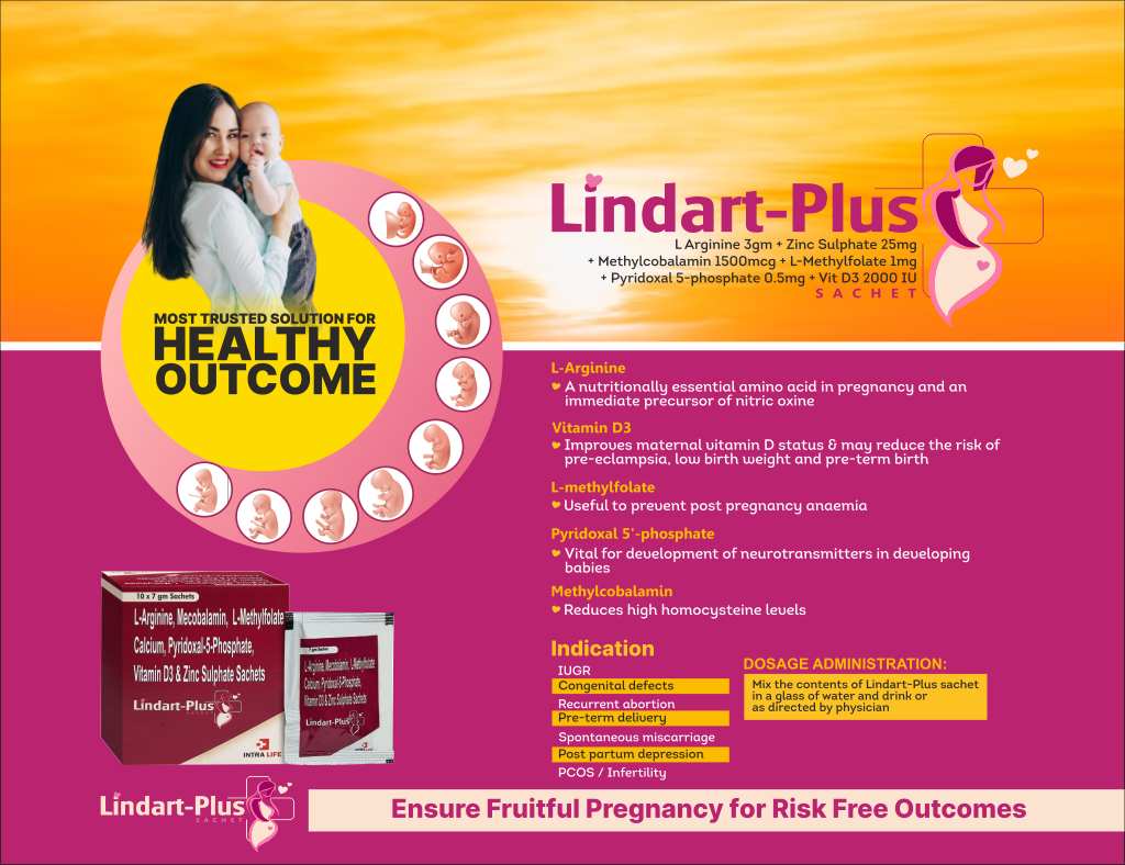 LINDART PLUS - L Arginine 3gm + Zinc Sulphate 25mg + Methylcobalamin 1500mcg + L-Methylfolate 1mg + Pyridoxal 5-phosphate 0.5mg + Vit D3 2000 IU | Intralife Pharmaceuticals - thumbnail 2