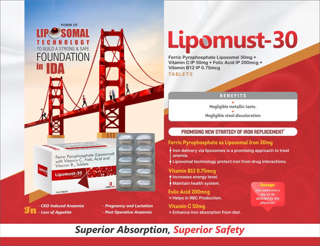 LIPOMUST-30 TABLETS - Ferric Pyrophosphate Liposomal 30mg + Vitamin C IP 50mg + Folic Acid IP 200mcg + Vitamin B12 IP 0.75mcg | Intralife Pharmaceuticals - thumbnail 2