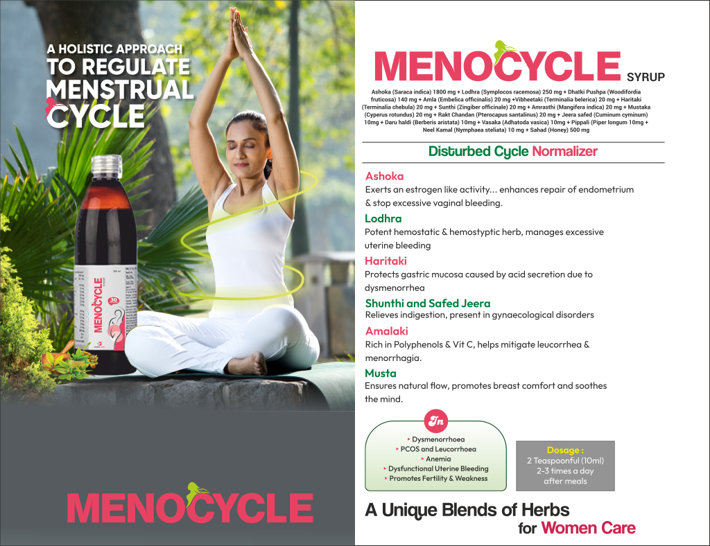 MENOCYCLE SYRUP - Ashoka (Saraca indica) 1800 mg + Sahad (Honey) 500 mg + Lodhra (Symplocos racemosa) 250 mg + Dhatki Pushpa (Woodifordia fruticosa) 140 mg + Amla (Embelica officinalis) 20 mg +Vibheetaki (Terminalia belerica) 20 mg + Haritaki (Terminalia chebula) 20 mg + Sunthi (Zingiber officinale) 20 mg + Amrasthi (Mangifera indica) 20 mg + Mustaka (Cyperus rotundus) 20 mg + Rakt Chandan (Pterocapus santalinus) 20 mg + Jeera safed (Cuminum cyminum) 10mg + Daru haldi (Berberis aristata) 10mg + Vasaka (Adhatoda vasica) 10mg + Pippali (Piper longum 10mg + Neel Kamal (Nymphaea steliata) 10 mg | Intralife Pharmaceuticals - thumbnail 2