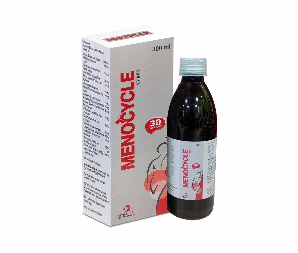 MENOCYCLE SYRUP - Ashoka (Saraca indica) 1800 mg + Sahad (Honey) 500 mg + Lodhra (Symplocos racemosa) 250 mg + Dhatki Pushpa (Woodifordia fruticosa) 140 mg + Amla (Embelica officinalis) 20 mg +Vibheetaki (Terminalia belerica) 20 mg + Haritaki (Terminalia chebula) 20 mg + Sunthi (Zingiber officinale) 20 mg + Amrasthi (Mangifera indica) 20 mg + Mustaka (Cyperus rotundus) 20 mg + Rakt Chandan (Pterocapus santalinus) 20 mg + Jeera safed (Cuminum cyminum) 10mg + Daru haldi (Berberis aristata) 10mg + Vasaka (Adhatoda vasica) 10mg + Pippali (Piper longum 10mg + Neel Kamal (Nymphaea steliata) 10 mg | Intralife Pharmaceuticals
