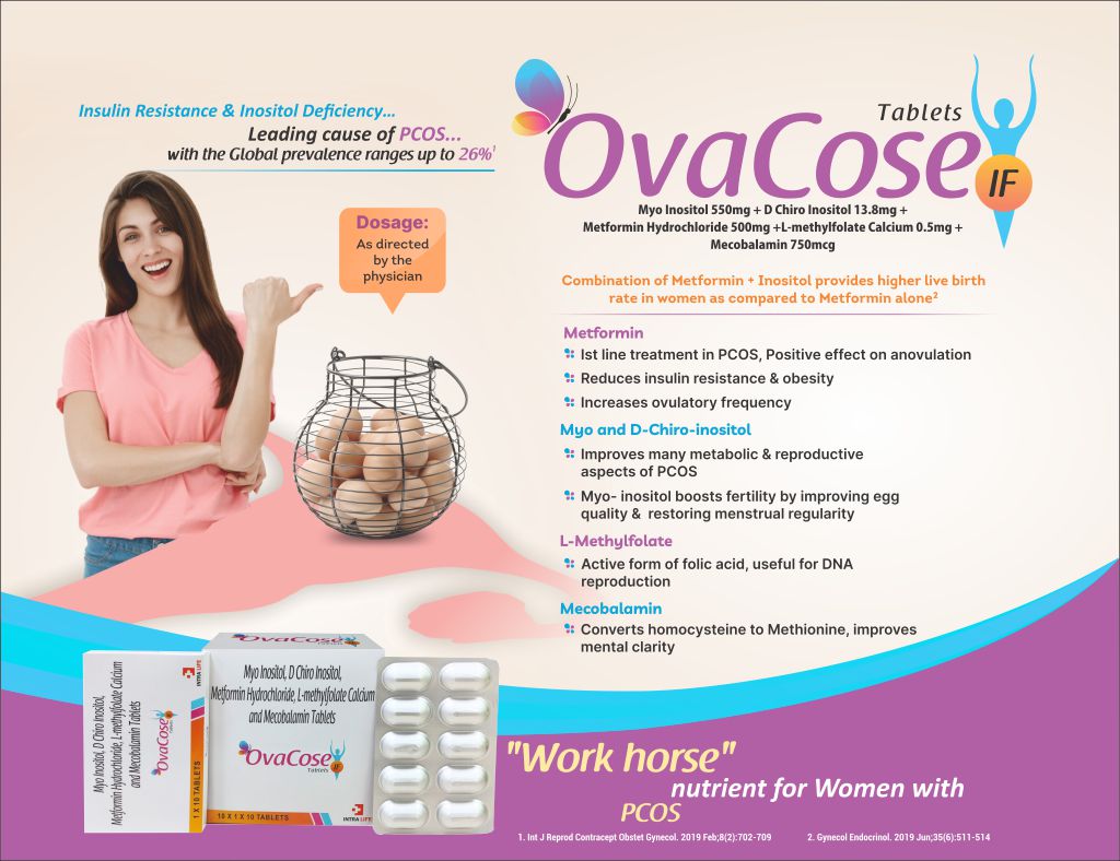 OVACOSE-IF TABLET - Myo-Inositol 550mg + D-Chiro Inositol 13.8mg + Metformin 500mg + L-Methyl Folate Calcium 0.5mg + Methylcobalamin 750mcg | Intralife Pharmaceuticals - thumbnail 2