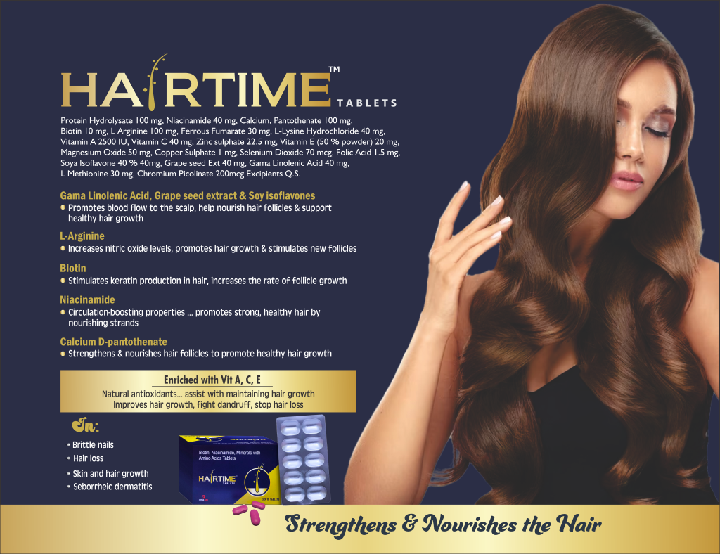 HAIR TIME - Protein Hydrolysate 100 mg, Niacinamide 40 mg, Calcium, Pantothenate 100 mg, Biotin 10 mg, L Arginine 100 mg, Ferrous Fumarate 30 mg, L-Lysine Hydrochloride 40 mg, Vitamin A 2500 IU, Vitamin C 40 mg, Zinc sulphate 22.5 mg, Vitamin E (50 % powder) 20 mg, Magnesium Oxide 50 mg, Copper Sulphate 1 mg, Selenium Dioxide 70 mcg, Folic Acid 1.5 mg, Soya Isoflavone 40 % 40mg, Grape seed Ext 40 mg, Gama Linolenic Acid 40 mg, L Methionine 30 mg, Chromium Picolinate 200mcg Excipients Q.S. | Intralife Pharmaceuticals - thumbnail 2