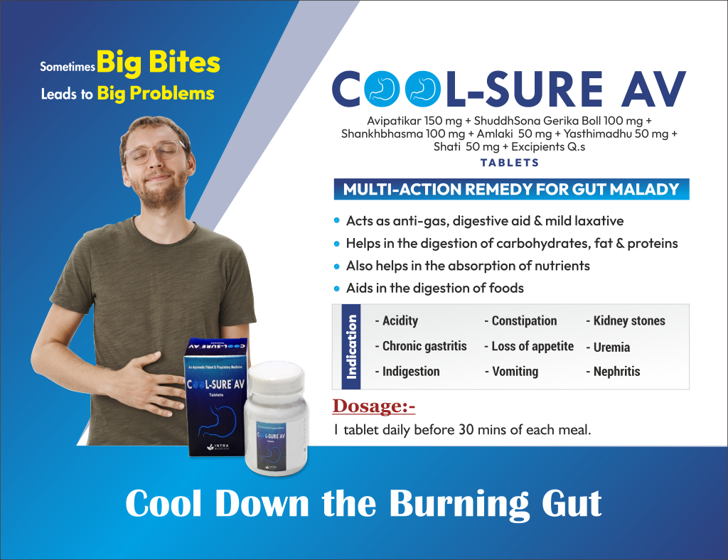 COOL-SURE AV - Avipatikar 150 mg + ShuddhSona Gerika Boll)100 mg + Shankhbhasma 100 mg +Amlaki (Emblica officinalis) 50 mg + Yasthimadhu (Glycyrrhiza glabra) 50 mg + Shati (Hedychium spicatum) 50 mg + Excipients Q.s | Intralife Pharmaceuticals - thumbnail 2