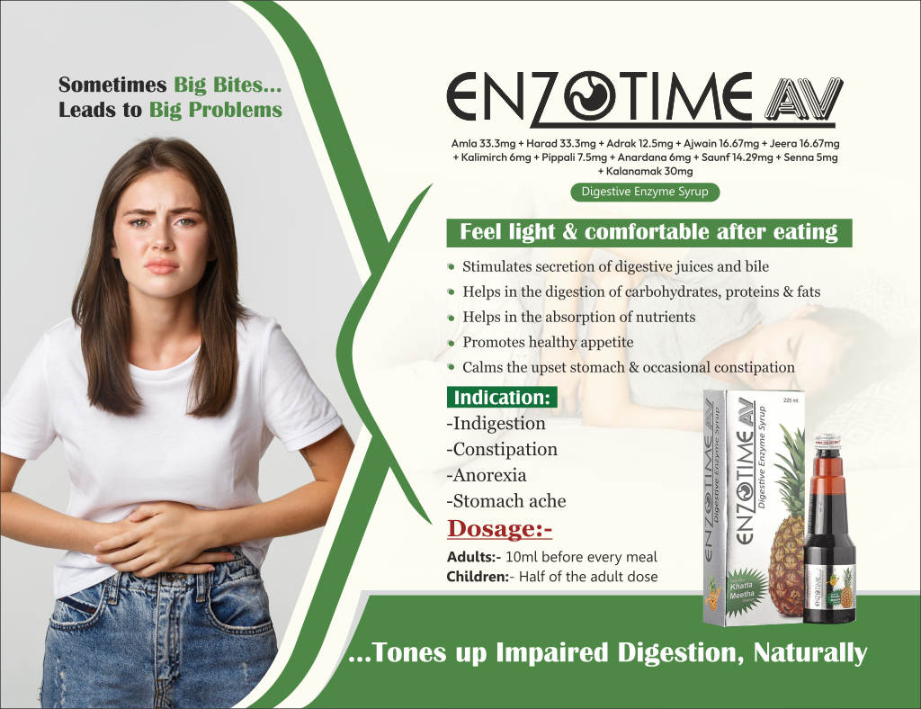 ENZOTIME-AV - Amla 33.3mg + Harad 33.3mg + Adrak 12.5mg + Ajwain 16.67mg + Jeera 16.67mg + Kalimirch 6mg + Pippali 7.5mg + Anardana 6mg + Saunf 14.29mg + Senna 5mg + Kalanamak 30mg | Intralife Pharmaceuticals - thumbnail 2