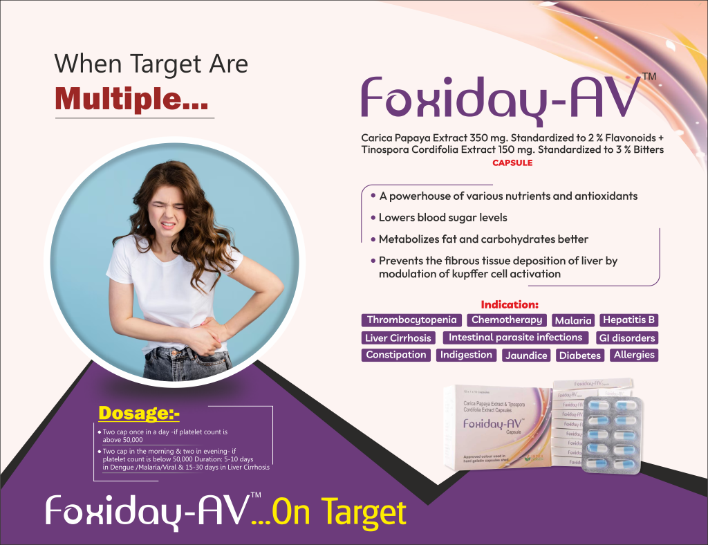 FOXIDAY-AV tablet - Carica Papaya Leaf 350mg + Tinospora Cordifolia 150mg + Goat Milk Powder 100mg + Vitamin E 40mg | Intralife Pharmaceuticals - thumbnail 2