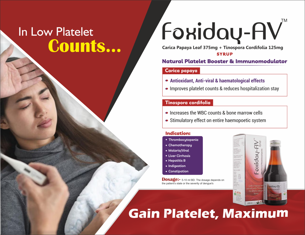 FOXIDAY-AV SYRUP - Carica Papaya Leaf 375mg + Tinospora Cordifolia 125mg | Intralife Pharmaceuticals - thumbnail 2