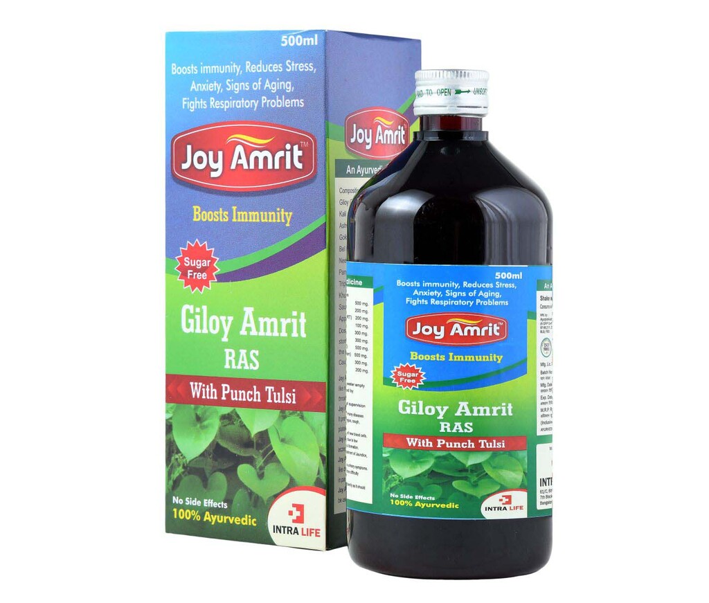 JOY AMRIT - Giloy (Tinospora cordifolia ST) 500 mg. + Kali Mirch (Piper nigrum FR) 200 mg. + Ashwgandha (Withania somnifera RT) 200 mg. + Gokhru (Tribulus terrestris FR) 100 mg. + Bel Pathar (Aegle marmelos FR) 300 mg. + Neem (Alhagi camelorum AP) 300 mg. + Panch Tulsi (Ocimum sanctum AP) 500 mg. + Triphla (Ayurvedic comp. formulation) 500 mg. + Khubkala (Sisymbrium irio SD) 300 mg. + Saunth (Zingiber officinale RZ) 200 mg. | Intralife Pharmaceuticals