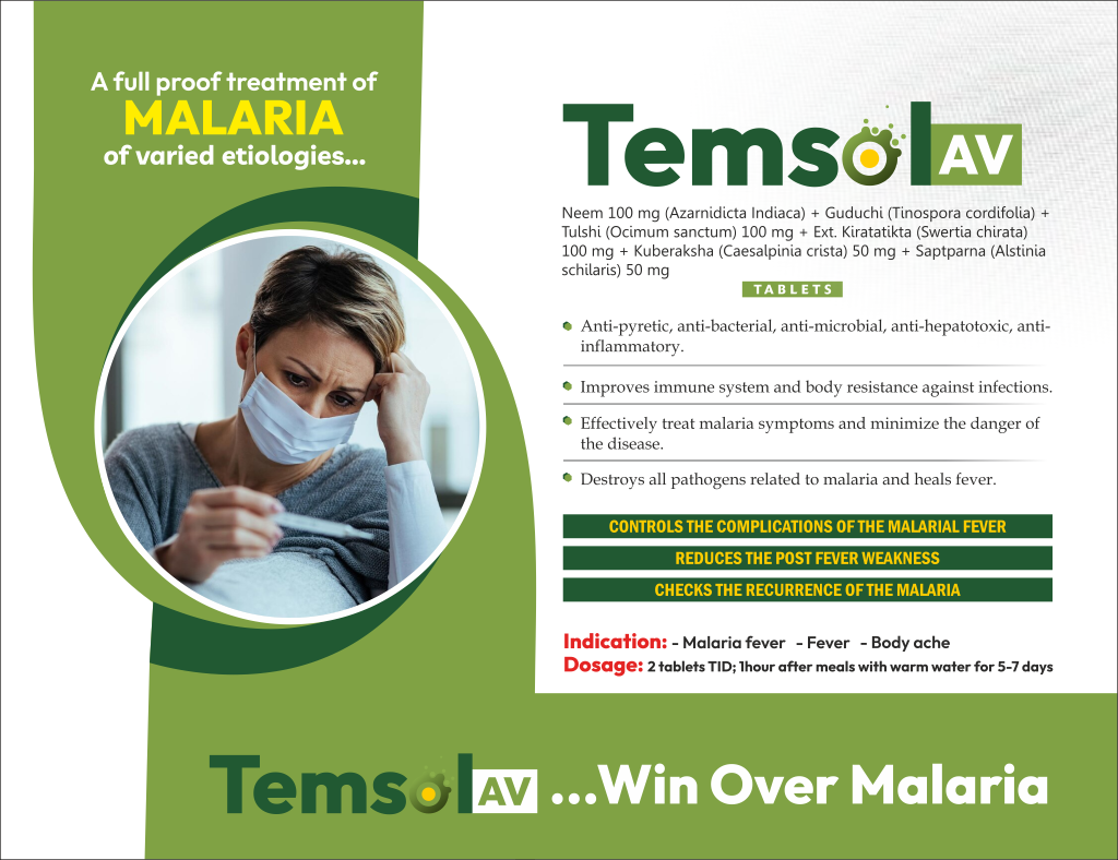 TEMSOL-AV - Neem 100 mg (Azarnidicta Indiaca) + Guduchi (Tinospora cordifolia) + Tulshi (Ocimum sanctum) 100 mg + Ext. Kiratatikta (Swertia chirata) 100 mg + Kuberaksha (Caesalpinia crista) 50 mg + Saptparna (Alstinia schilaris) 50 mg + Excipients Q.s. | Intralife Pharmaceuticals