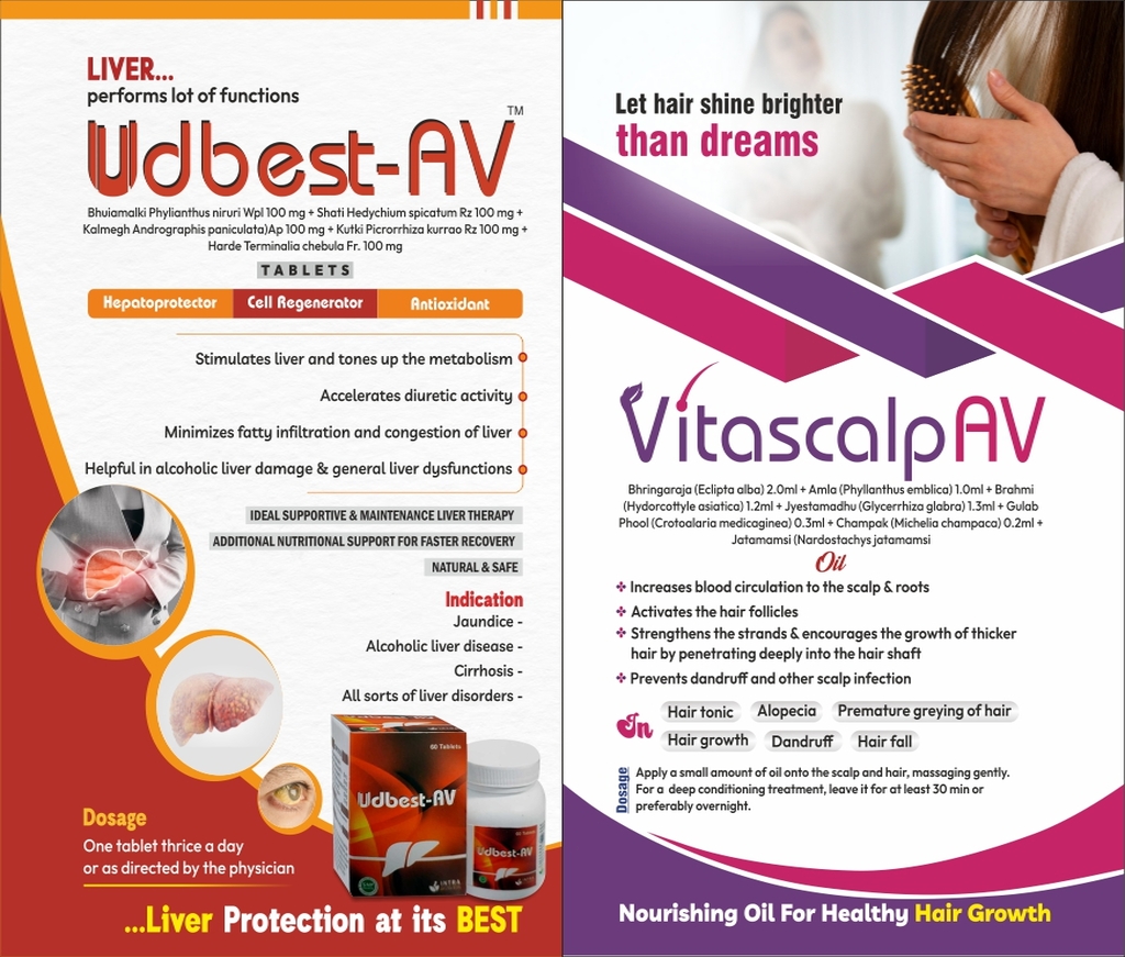 VITASCALP-AV - Bhringaraja (Eclipta alba) 2.0ml Amla (Phyllanthus emblica) 1.0ml; Brahmi (Hydorcottyle asiatica) 1.2ml Jyestamadhu (Glycerrhiza glabra) 1.3ml;GulabPhool (Crotoalaria medicaginea) 0.3ml; Champak (Michelia champaca) 0.2ml; Jatamamsi (Nardostachys jatamamsi | Intralife Pharmaceuticals