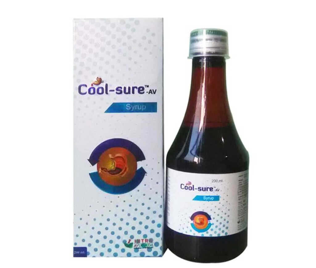 COOL-SURE AV syrup - Guduchi Panchang 70mg. (Tinospora cordifolia) +Yasthimadhu Mool 100mg. (Glycyrrhiza glabra) +Punamava Mool 80 mg. (Boerhaavia diffusa) + Amalki Fruit 150 mg. (Embelica officinals) +Ajwayan Phool 40 mg. (Comm Copoticum) +Agnikumar Ras 40mg. + Sutshekhar Ras 120mg. + Kamduddha Ras 80mg.+ Shatavari Mool 40mg. (Asparagus racemosus) + Sunthi Kand 70mg. (Zinzibar officinalis) + Muktashukti Bhasma 40mg. + Kikam Phool 80mg. (Garania indica) +Dogdhapashana 40mg. | Intralife Pharmaceuticals