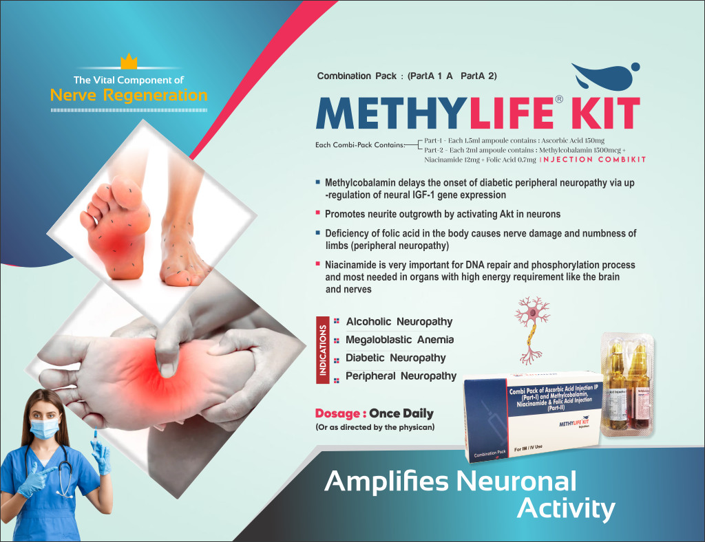 METHYLIFE KIT - Each Combi Pack Contains: Part-1 - Each 1.5 ml ampoule contains: Ascorbic Acid 150 mg Part-2 - Each 2 ml ampoule contains: Methylcobalamin 1500mcg + Niacinamide 12mg + Folic Acid 0.7mg | Intralife Pharmaceuticals - thumbnail 2