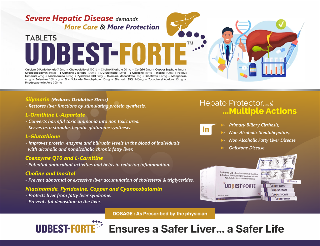 UDBEST FORTE - Calcium D Pantothenate 7.5 mg + Cholecalciferol (As stabilized form) 400 IU + Choline Bitartrate 50 mg + Co enzyme Q10 5mg + Copper Sulphate Equivalent to elemental Copper 1 mg + Cyanocobalamin 5 mcg + L-Carnitine L-Tartrate 100 mg + L-Glutathione 10 mg + L-Ornithine 75 mg + Inositol 10 mg + Ferrous Fumarate Equivalent to elemental Iron 6 mg + Niacinamide 15 mg + Pyridoxine Hydrochloride 3 mg + Thiamine Mononitrate 3 mg + Riboflavin 1.5 mg + Manganese Sulphate Equivalent to elemental Manganese 4 mg + Sodium Selenite Equivalent to elemental Selenium 100 mcg + Zinc Sulphate Monohydrate Equivalent to elemental Zinc 15 mg + Silymarin 85% 140 mg + Tocopheryl Acetate 15 mg + Ursodeoxycholic Acid 300 mg | Intralife Pharmaceuticals - thumbnail 2