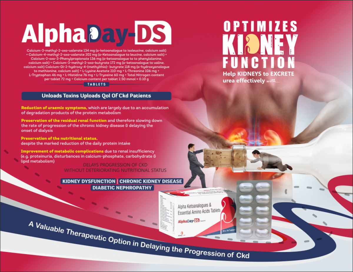 ALPHADAY-DS - Calcium-3-methyl-2-oxo-valerate 134 mg (a-ketoanalogue to isoleucine, calcium salt) + Calcium-4-methyl-2-oxo-valerate 202 mg (a-Ketoanalogue to leucine, calcium salt)+ Calcium-2-oxo-3-Phenylpropionate 136 mg (a-ketoanalogue to to phenylalanine, calcium salt) + Calcium-3-methyl-2-oxo-butyrate 172 mg (a-ketoanalogue to valine, calcium salt) Calcium-Di-2-hydroxy-4-(methylthio)-butyrate 118 mg (a-hydroxyanalogue to methionine, calcium salt) + L-Lysine Acetate 210 mg + L-Threonine 106 mg + L-Tryptophan 46 mg + L-Histidine 76 mg + L-Tryosine 60 mg + Total Nitrogen content per tablet 72 mg + Calcium content per tablet 2.50 mmol = 0.10 g | Intralife Pharmaceuticals - thumbnail 2