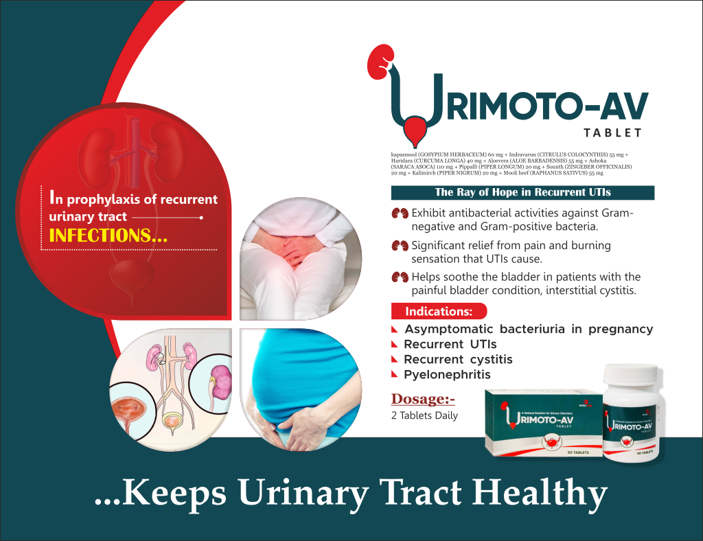 URIMOTO-AV - kapasmool (GOSYPIUM HERBACEUM) 60 mg + Indravarun (CITRULUS COLOCYNTHIS) 55 mg + Haridara (CURCUMA LONGA) 40 mg + Aloevera (ALOE BARBADENSIS) 55 mg + Ashoka (SARACA ASOCA) 110 mg + Pippalli (PIPER LONGUM) 20 mg + Sounth (ZINGEBER OFFICINALIS) 20 mg + Kalimirch (PIPER NIGRUM) 20 mg + Mooli beef (RAPHANUS SATIVUS) 55 mg | Intralife Pharmaceuticals - thumbnail 2