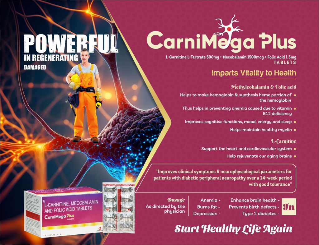 CARNIMEGA PLUS TABLET - L-Carnitine L-Tartrate 500mg + Mecobalamin 1500mcg + Folic Acid 1.5mg | Intralife Pharmaceuticals - thumbnail 2