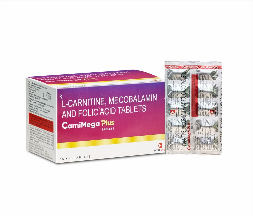 CARNIMEGA PLUS TABLET - L-Carnitine L-Tartrate 500mg + Mecobalamin 1500mcg + Folic Acid 1.5mg | Intralife Pharmaceuticals