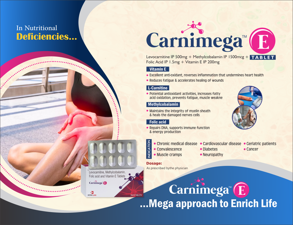 CARNIMEGA-E - Levocarnitine IP 500mg + Methylcobalamin IP 1500mcg + Folic Acid IP 1.5mg + Vitamin E IP 200mg | Intralife Pharmaceuticals - thumbnail 2