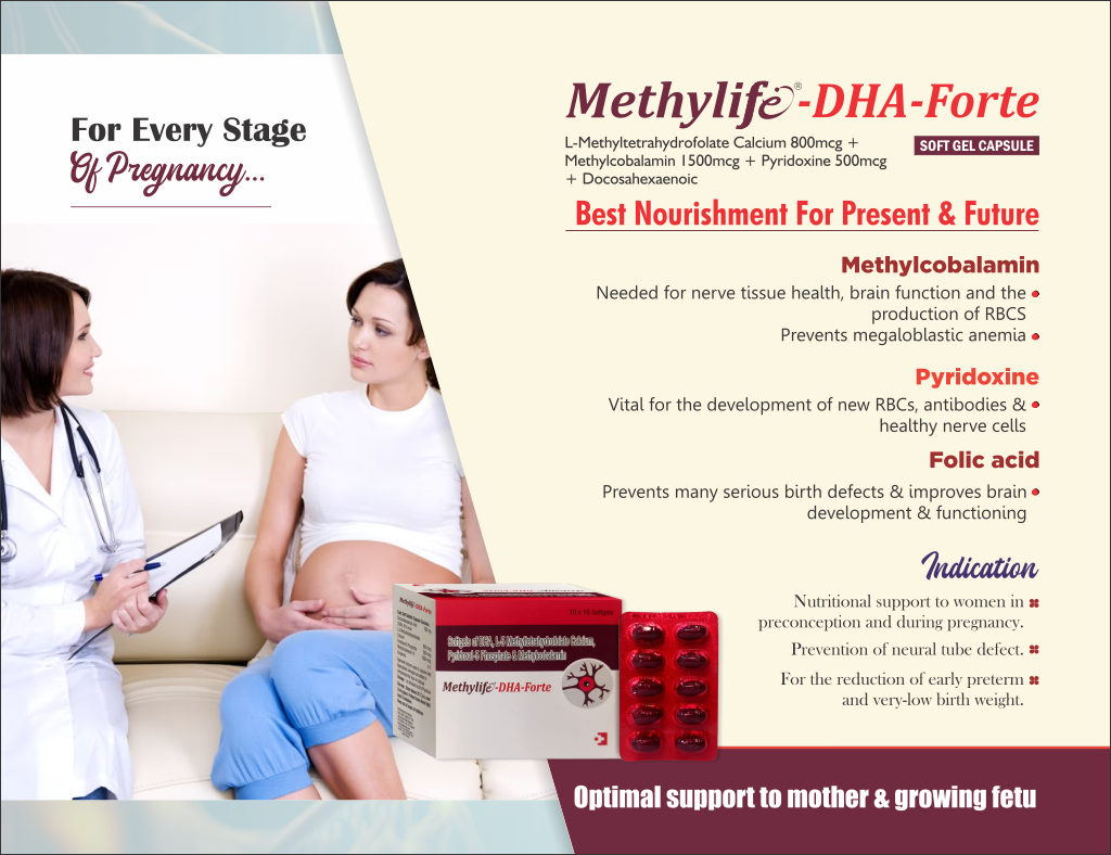 METHYLIFE-DHA-FORTE - L-Methyltetrahydrofolate CAlcium 800mcg + Methylcobalamin 1500mcg + Pyridoxine 500mcg + Docosahexaenoic Acid 10% w/w DHA 200mg | Intralife Pharmaceuticals - thumbnail 2