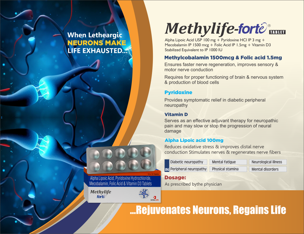 METHYLIFE-FORTE - Alpha Lipoic Acid USP 100 mg + Pyridoxine HCI IP 3 mg + Mecobalamin IP 1500 mcg + Folic Acid IP 1.5mg + Vitamin D3 Stabilized Equivalent to IP 1000 IU | Intralife Pharmaceuticals - thumbnail 2