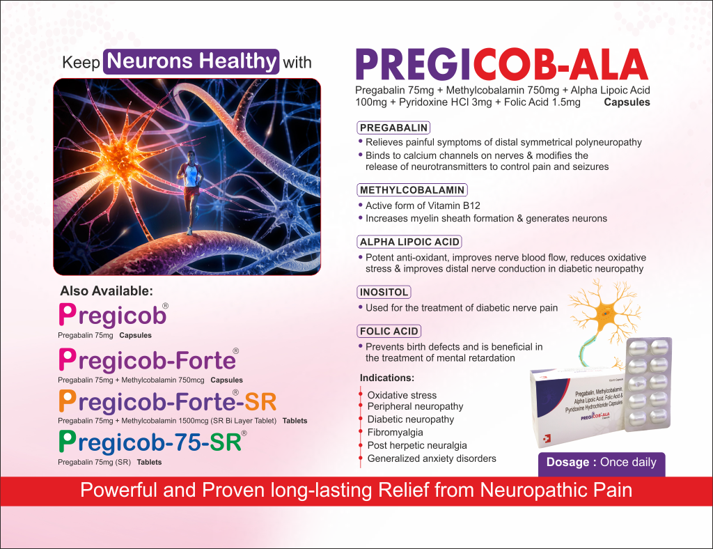 PREGICOB-ALA - Pregabalin 75mg + Methylcobalamin 750mg + Alpha Lipoic Acid 100mg + Pyridoxine Hydrochloride 3mg + Folic Acid 1.5mg | Intralife Pharmaceuticals - thumbnail 2