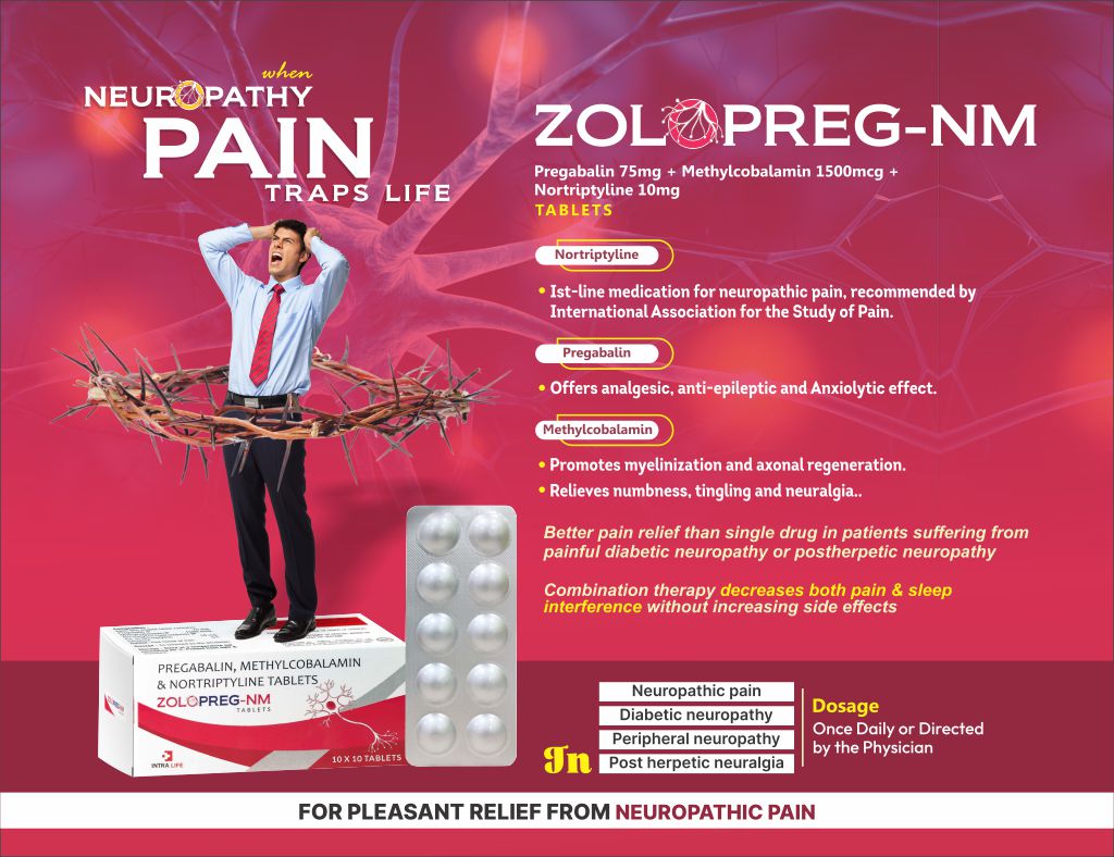 ZOLOPREG-NM TAB - Pregabalin 75mg + Methylcobalamin IP 1500mcg + Nortriptyline 10mg | Intralife Pharmaceuticals - thumbnail 2