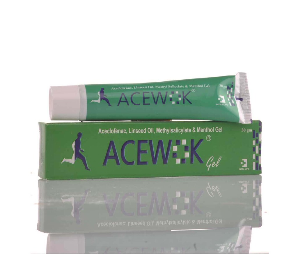 ACEWOK - Aceclofenac 1.5% w/w + Methyl Salicylate10% w/w + Oleum Lini (Contains Linolenic Acid) 3% w/w + Capsaicin 0.01% w/w + Menthol 5% w/w + Benzyl Alcohol 1% w/w | Intralife Pharmaceuticals