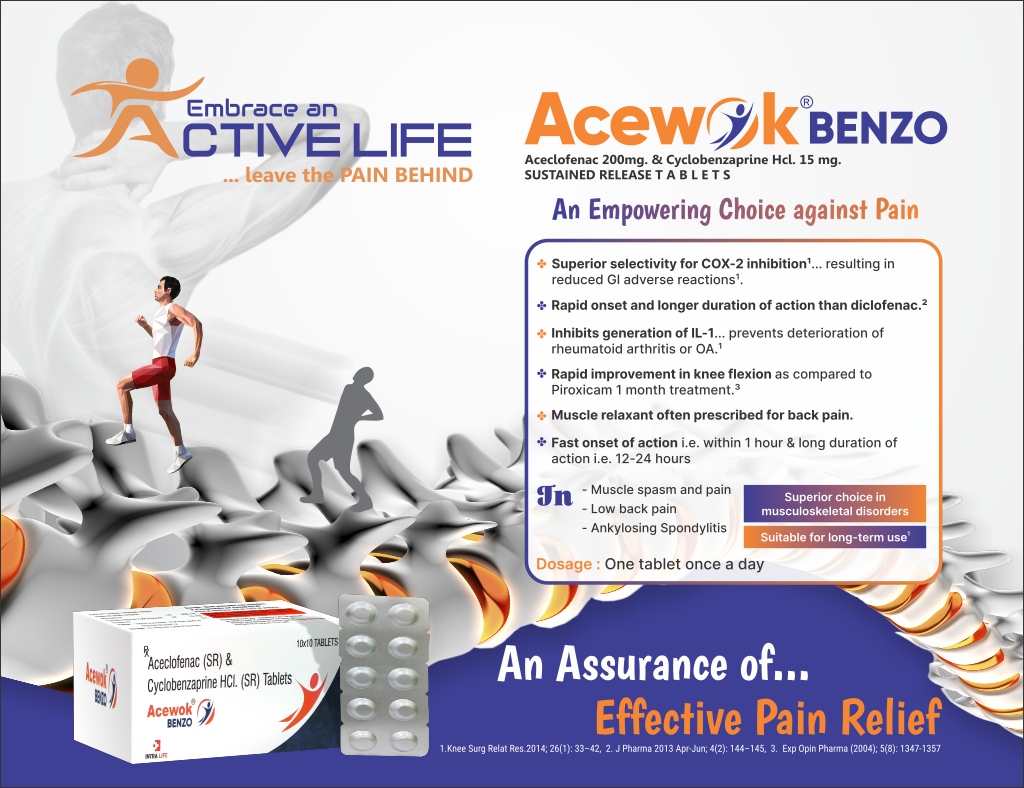 ACEWOK-BENZO TABS. - Aceclofenac 200mg + Cyclobenzaprine HCI 15mg (Sustained Release Bilayered Tablet) | Intralife Pharmaceuticals - thumbnail 2
