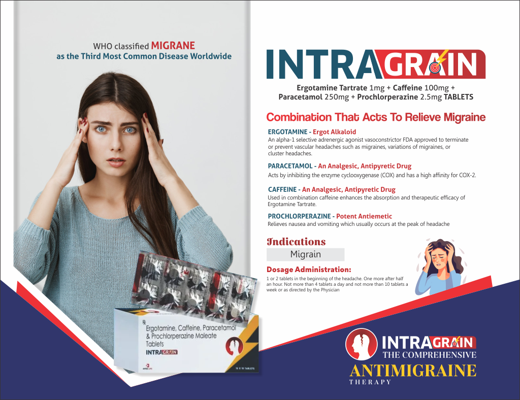 INTRAGRAIN Tab - Ergotamine Tartrate 1mg + Caffeine 100mg + Paracetamol 250mg + Prochlorperazine 2.5mg | Intralife Pharmaceuticals - thumbnail 2