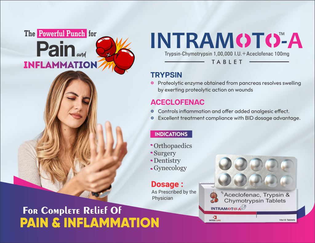 INTRAMOTO-A - Trypsin - Chymotrypsin 1,00,000 I.U.+ Aceclofenac 100mg | Intralife Pharmaceuticals - thumbnail 2