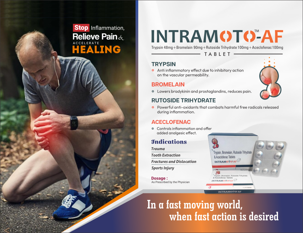 INTRAMOTO-AF - Trypsin 48mg + Bromelain 90mg + Rutoside Trihydrate 100mg + Aceclofenac 100mg | Intralife Pharmaceuticals - thumbnail 2