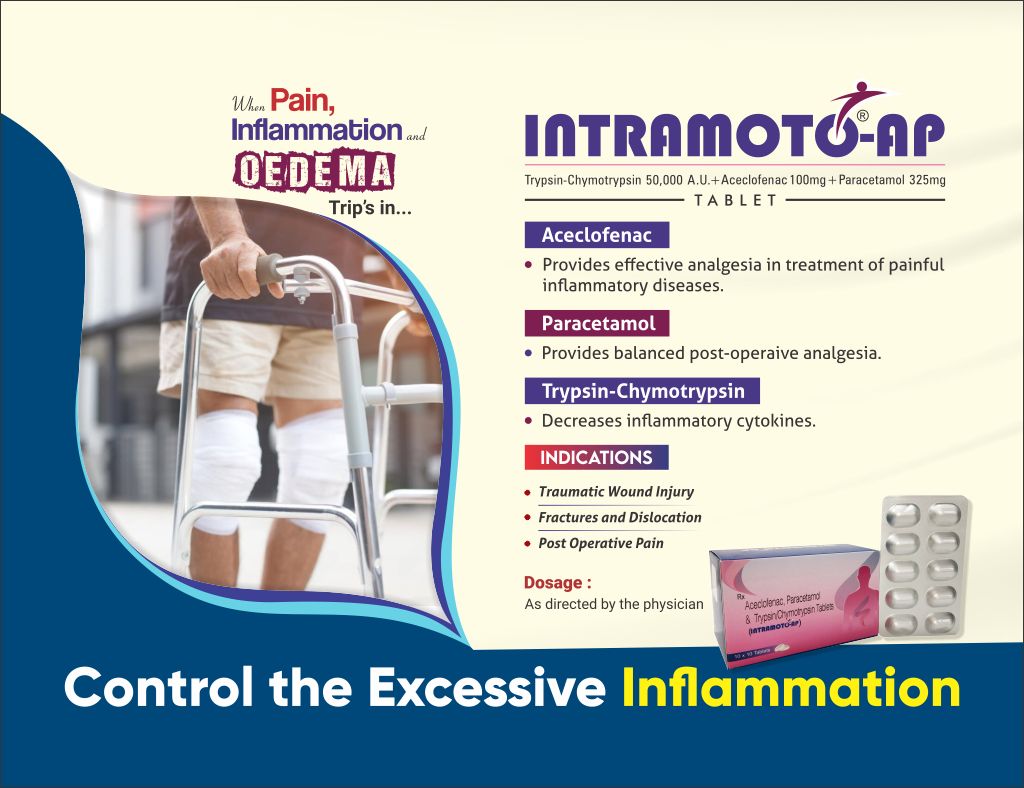 INTRAMOTO-AP - Trypsin - Chymotrypsin 50,000 A.U.+ Aceclofenac 100mg+Paracetamol 325mg | Intralife Pharmaceuticals - thumbnail 2