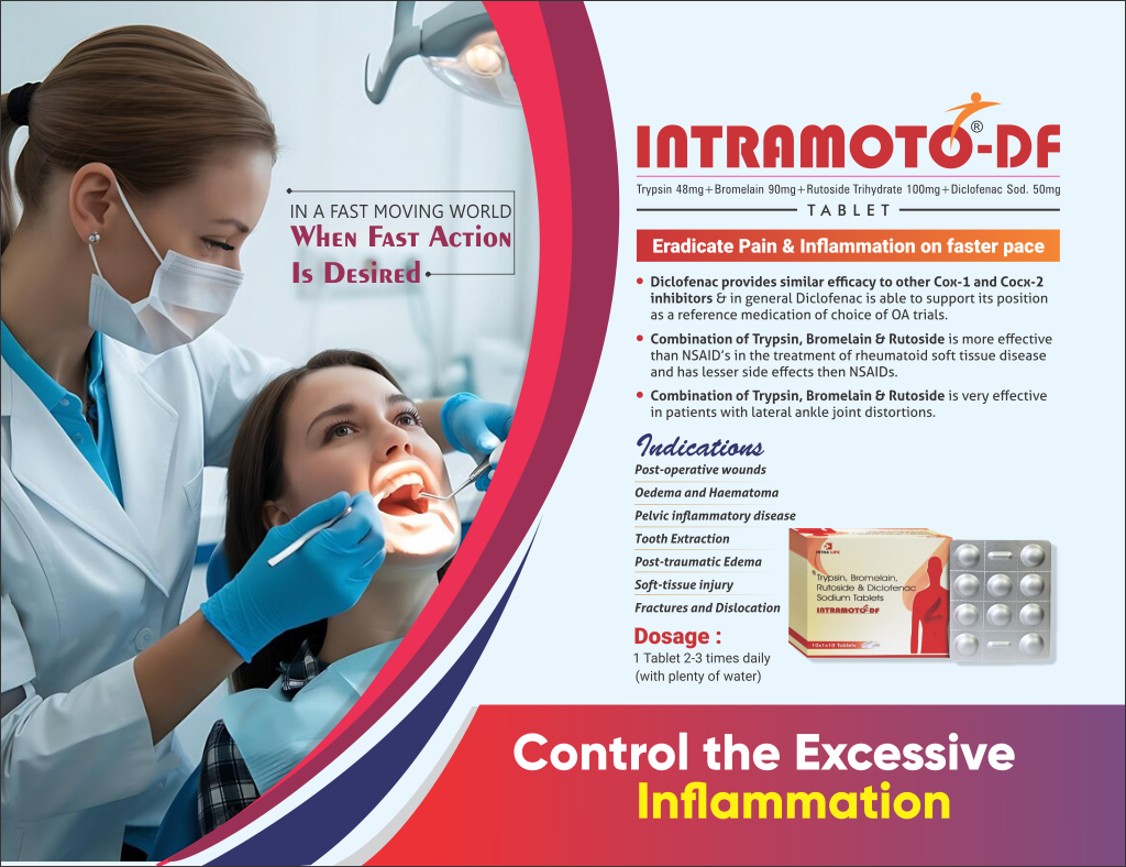 INTRAMOTO-DF - Trypsin 48mg + Bromelain 90mg + Rutoside Trihydrate 100mg + Diclofenac Sod. 50mg | Intralife Pharmaceuticals - thumbnail 2