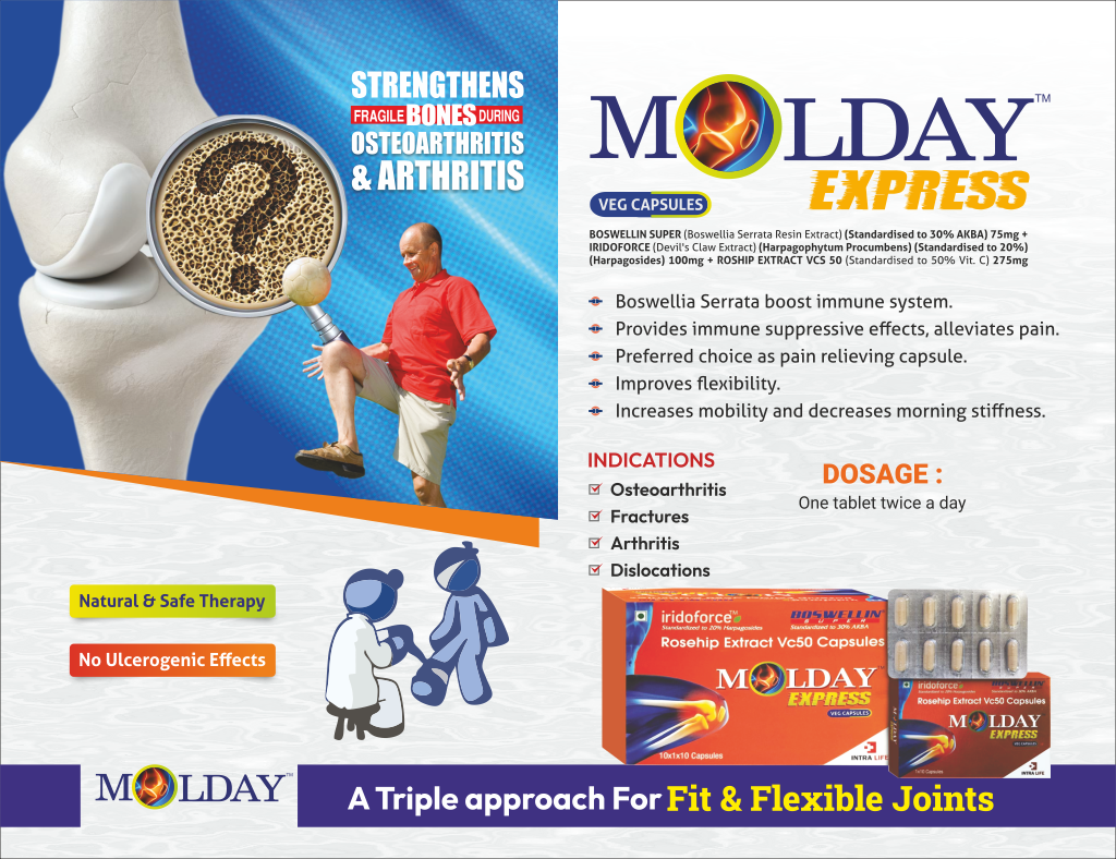 MOLDAY EXPRESS - BOSWELLIN SUPER (Boswellia Serrata Resin Extract) (Standardised to 30% AKBA) 75mg+ IRIDOFORCE (Devils Claw Extract) (Harpagophytum Procumbens) (Standardised to 20%)(Harpagosides) 100mg + ROSHIP EXTRACT VCS 50 (Standardised to 50% Vit. C) 275mg | Intralife Pharmaceuticals - thumbnail 2