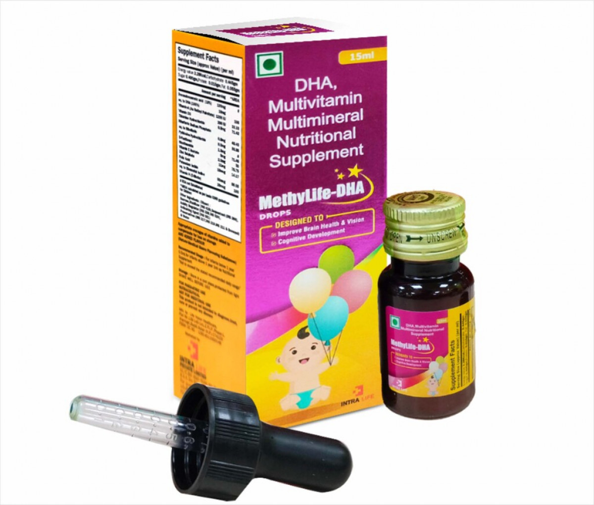 METHYLIFE-DHA DROPS - Docosahexaenoic acid (10%)100mg + eq. to DHA (100%) 10mg + Vitamin-A (As Retinyl Palmitate) 1299 IU + Vitamin D3 200 IU + Thiamine Hydrochloride 0.5mg + Riboflavin Sodium Phosphate eq. to Riboflavin 0.5mg + Pyridoxine Hydrochloride 0.5mg + D-Panthenol 1.5 mg + Nicotinamide 5mg + Vitamin E Acetate 2.5 mg + Zinc Sulphate 11mg + Folic Acid 10mcg + Potassium Iodide eq. to Elemental lodine 50mcg + Vitamin H (D-Biotin) 20mcg | Intralife Pharmaceuticals