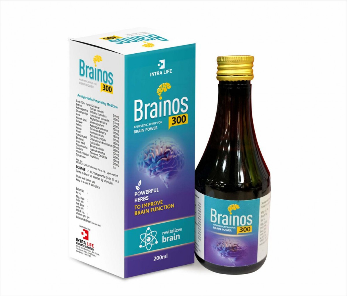 BRAINOS 300 - Brahmi 510 mg, Ashwagandha 320 mg, Shankhpushpi 310mg, Amla 280mg, Kounch beej 130mg, Satavar 110mg, Behda 090mg, Arjuna 110mg, harad 090mg, Safed Musali 050mg, Bhringraj 025mg, Daru Haldi 025mg, Nagarmoutha 025mg, Guduchi 025mg, Shudh Shilajeet050mg | Intralife Pharmaceuticals