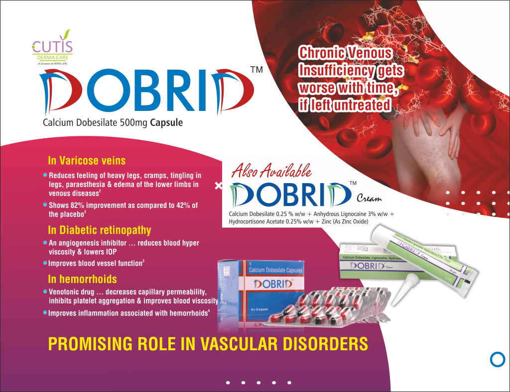 DOBRID Cream - Calcium Dobesilate 0.25 % w/w + Anhydrous Lignocaine 3% w/w + Hydrocortisone Acetate 0.25% w/w + Zinc (As Zinc Oxide) | Intralife Pharmaceuticals - thumbnail 2