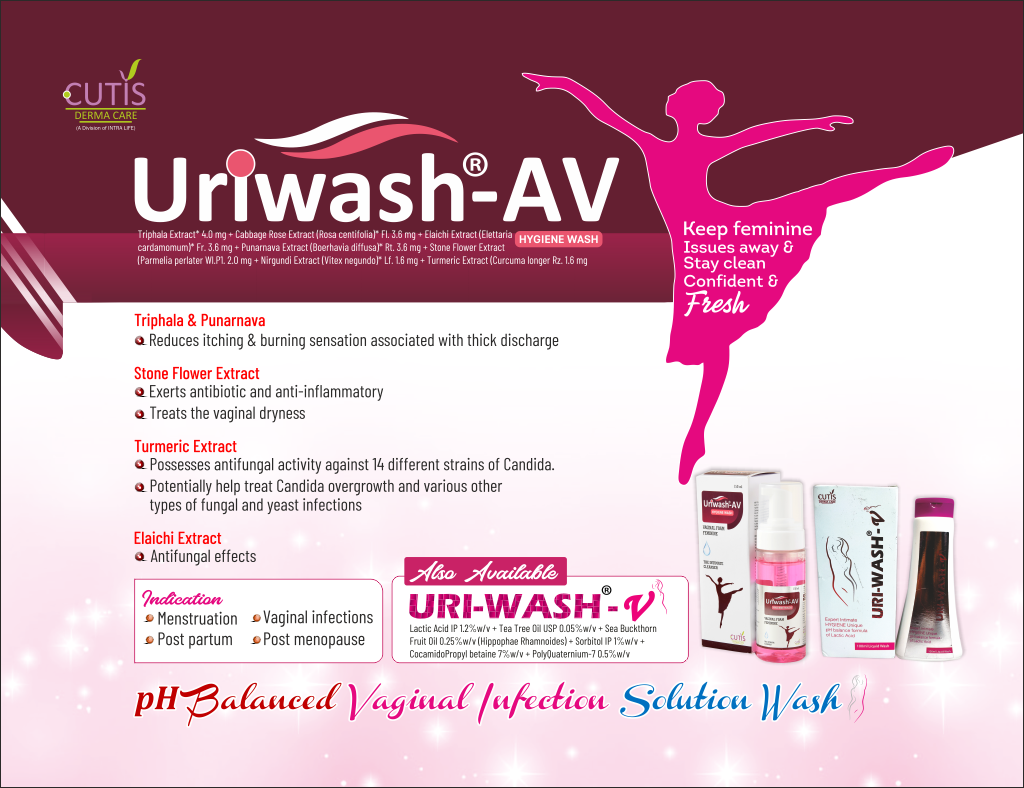 URIWASH-AV Hygiene Wash - Triphala Extract* 4.0 mg + Cabbage Rose Extract (Rosacentifolia)*Fl. 3.6 mg + Elaichi Extract (Elettaria cardamomum)*Fr. 3.6 mg + Punarnava Extract (Boerhavia diffusa)*Rt. 3.6 mg +Stone Flower Extract (Parmelia perlater Wl.P1. 2.0 mg + Nirgundi Extract (Vitex negundo)*Lf. 1.6 mg + Turmeric Extract (Curcuma longer Rz. 1.6 mg | Intralife Pharmaceuticals - thumbnail 2