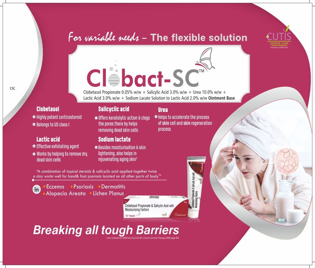 CLOBACT-SC Ointment - Clobetasol Propionate 0.05% w/w + Salicylic Acid 3.0% w/w + Urea 10.0% w/w + Lactic Acid 3.0% w/w + Sodium Lacate Solution Equivalent to Lactic Acid 2.0% w/w Ointment Base | Intralife Pharmaceuticals - thumbnail 2