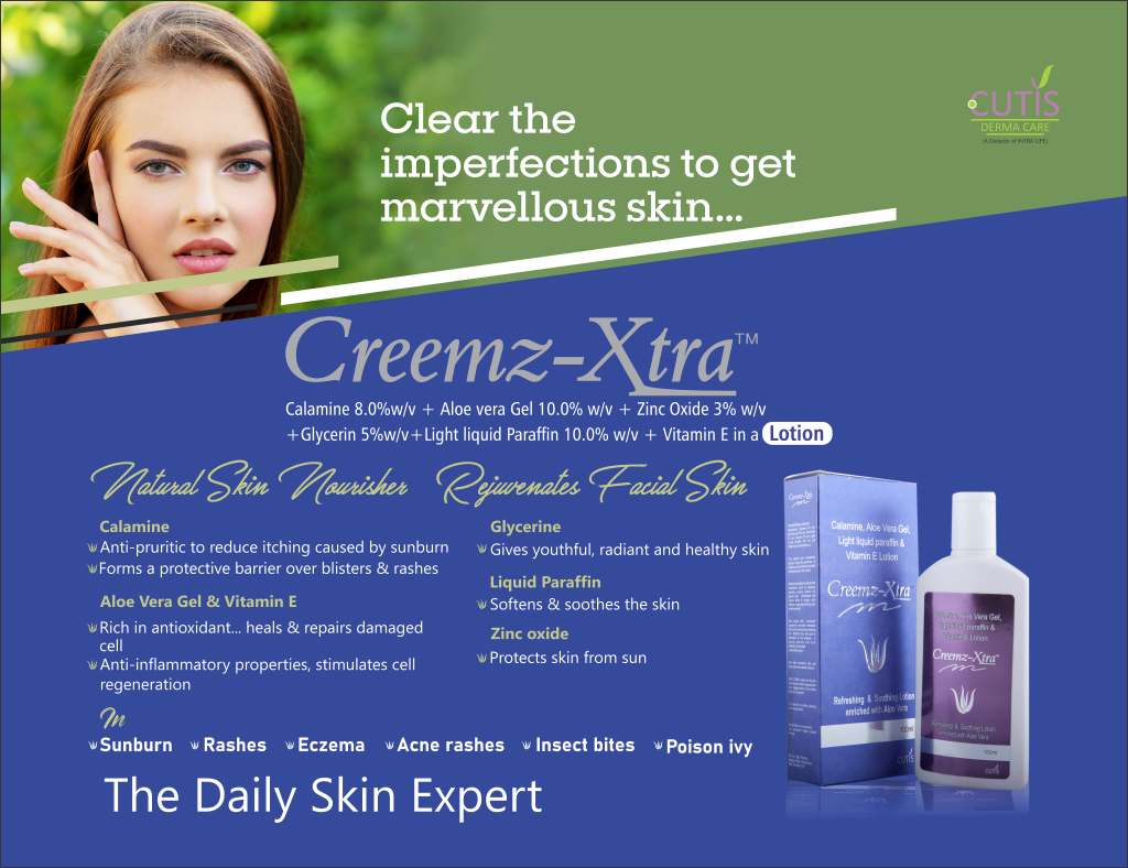 CREEMZ XTRA Lotion - Calamine 8.0%w/v+Aloe vera Gel 10.0% w/v + Zinc Oxide 3% w/v +Glycerin 5%w/v + Light liquid Paraffin 10.0% w/v + Vitamin E in a lotion base | Intralife Pharmaceuticals - thumbnail 2