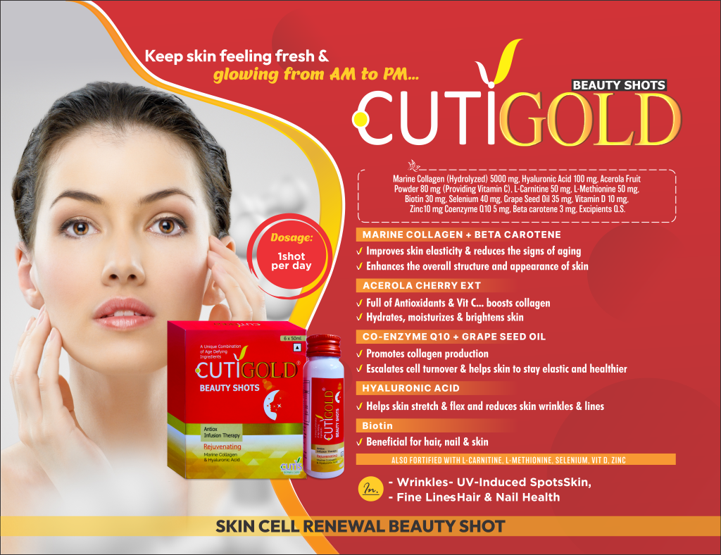 CUTI GOLD Beauty Shots - Marine Collagen (Hydrolyzed) 5000 mg, Hyaluronic Acid 100 mg, Acerola Fruit Powder 80 mg (Providing Vitamin C), L-Carnitine 50 mg, L-Methionine 50 mg, Biotin 30 mg, Selenium 40 mg, Grape Seed Oil 35 mg, Vitamin D 10 mg Zinc, 10 mg Coenzyme Q10 5 mg, Beta carotene 3 mg, Excipients Q.S. | Intralife Pharmaceuticals - thumbnail 2