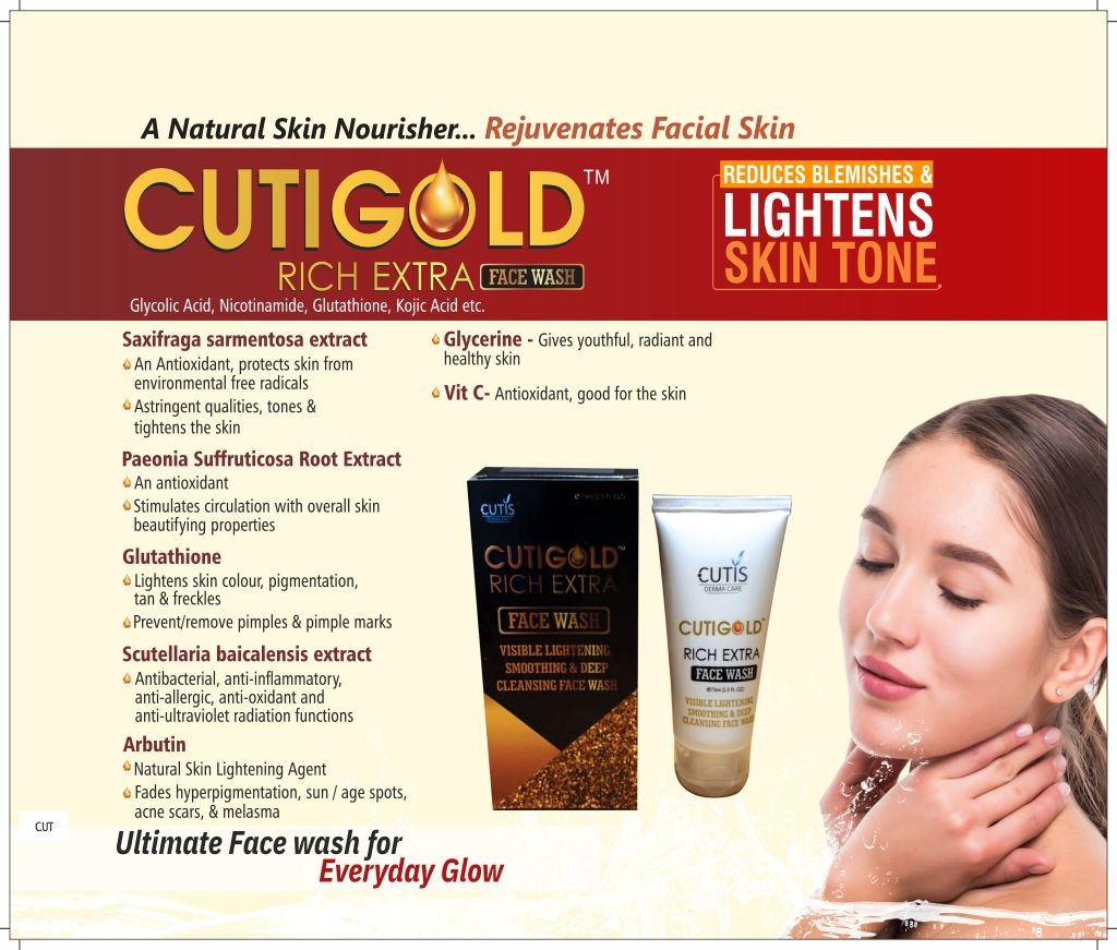 CUTI GOLD RICH EXTRA FACE WASH - Aqua / Stearic acid / Palmitic acid / Lauric acid / Myristic acid / Sodium Cocoyl Glycinate / Sodium Lauroyl Sarcosinate / Glyceryl Stearate / Ethylene Glycol Distearate / Potassium Hydroxide / Butylene Glycol /Arbutin / Citric Acid / Sodium Sulfite /Acetyl Tyrosine / Saxifraga Sarmentosa Extract / Paeonia Suffruticosa Root Extract / Aminopropyl Ascorbyl Phosphate (Vitamin C) / Scutellaria Baicale | Intralife Pharmaceuticals - thumbnail 2