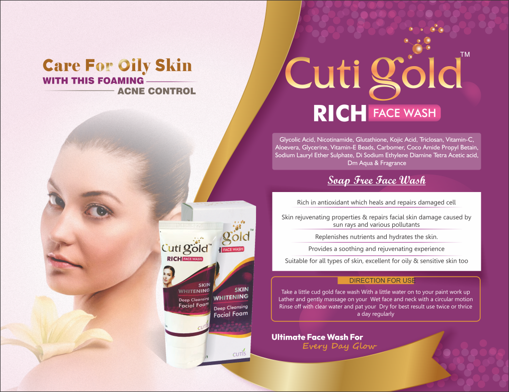 CUTI GOLD RICH Face Wash - Glycolic Acid, Nicotinamide, Glutathione, Kojic Acid, Triclosan, Vitamin-C, Aloevera, Glycerine, Vitamin-E Beads, Carbomer, Coco Amide Propyl Betain, Sodium Lauryl Ether Sulphate, Di Sodium Ethylene Diamine Tetra Acetic acid, Dm Aqua & Fragrance | Intralife Pharmaceuticals - thumbnail 2