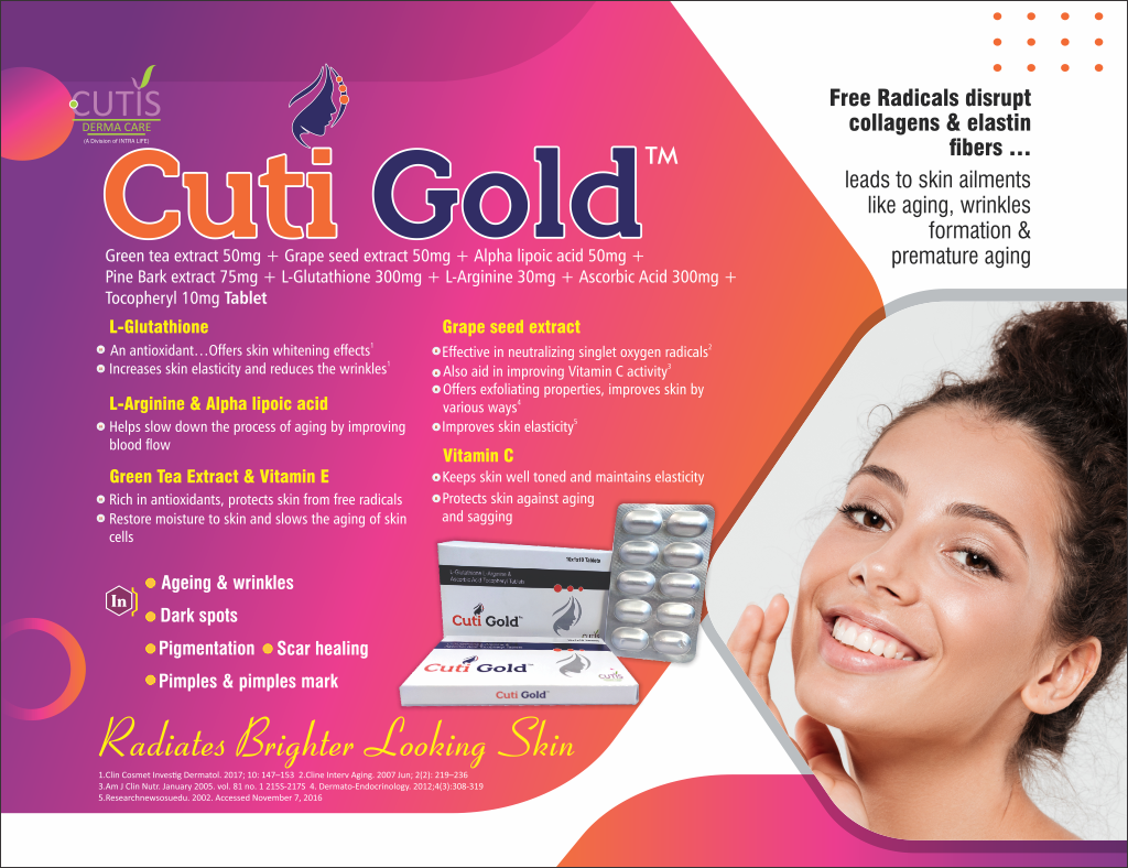 CUTI GOLD Tablet - Green tea extract 50mg + Grape seed extract 50mg + Alpha lipoic acid 50mg + Pine Bark extract 75mg + L-Glutathione 300mg + L-Arginine 30mg + Ascorbic Acid 300mg + Tocopheryl 10mg | Intralife Pharmaceuticals - thumbnail 2