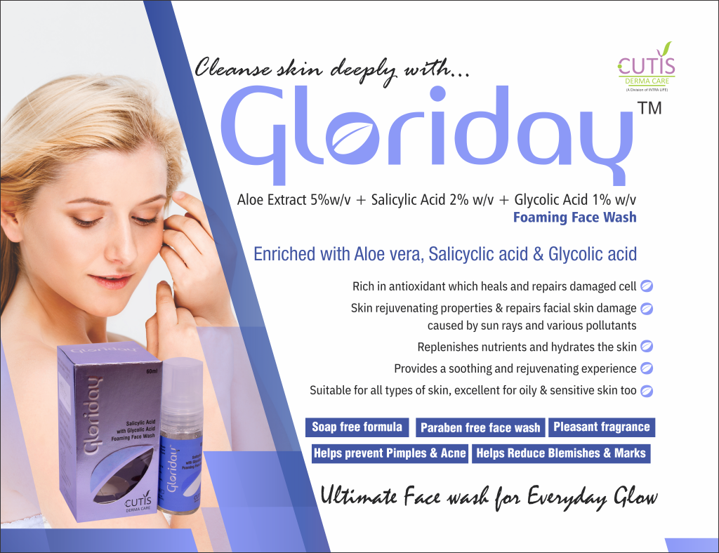 GLORIDAY Foaming Face Wash - Aloe Extract 5%w/v + Salicylic Acid 2% w/v + Glycolic Acid 1% w/v | Intralife Pharmaceuticals - thumbnail 2