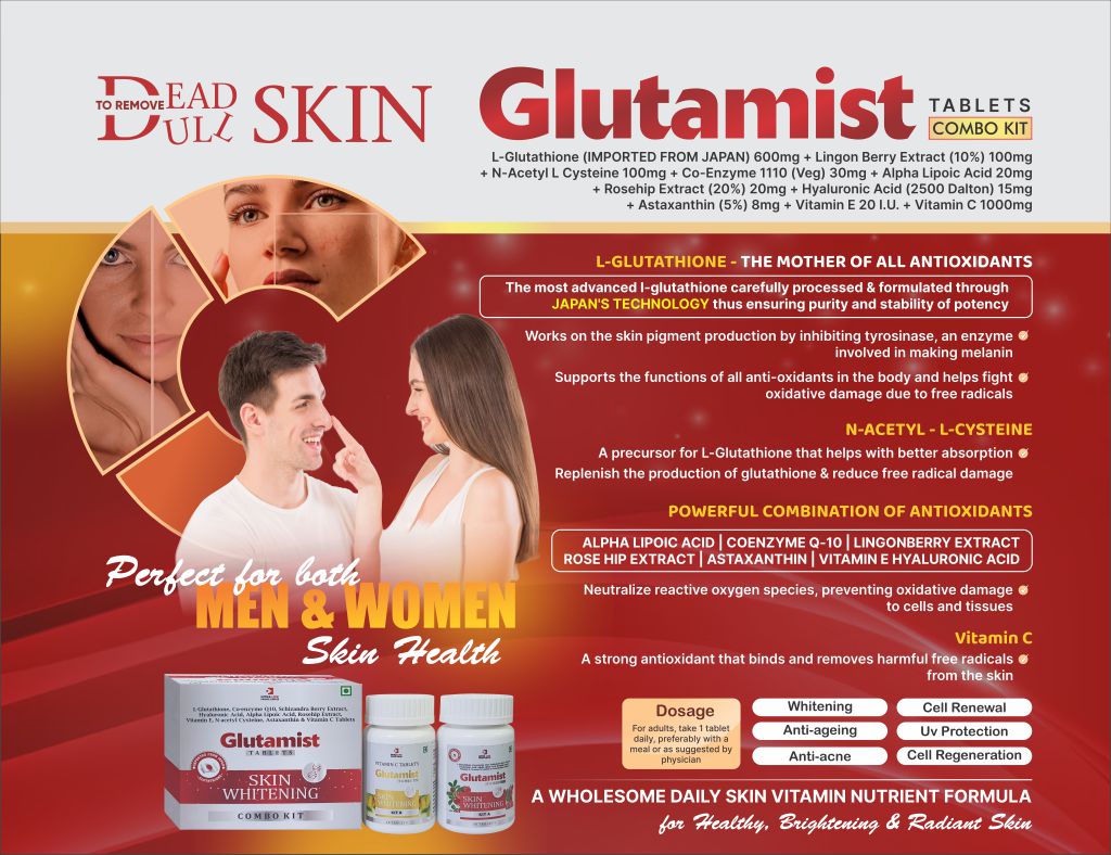 GLUTAMIST - L-Glutathione (IMPORTED FROM JAPAN) 600 mg + Lingon Berry Extract (10%) 100 mg + N-Acetyl L Cysteine 100 mg + Co-Enzyme 1110 (Veg) 30 mg + Alpha Lipoic Acid 20 mg + Rosehip Extract (20%) 20 mg + Hyaluronic Acid (2500 Dalton) 15 mg + Astaxanthin (5%) 8 mg + Vitamin E 20 I.U. + Vitamin C 1000 mg | Intralife Pharmaceuticals - thumbnail 2